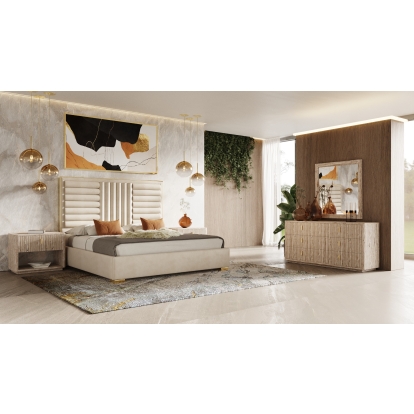 LA Furniture Daystar + Roma Modern Beige Velvet + Travertine + Gold Bedroom Set VGAN-DAYSTAR-ROMA-BED-SET Contemporary Style by Vig Furnitrue Number 81420|80241|81422 Catch Home Goods