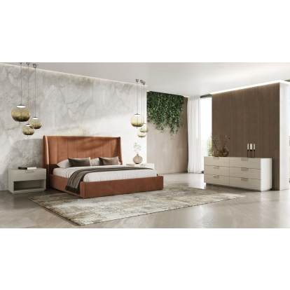 LA Furniture Roma + Lago Modern Burnt Orange Velvet + Faux Travertine 4-Piece Bedroom Set VGAC-ROMALAGO-4PC-SET Contemporary Style by Vig Furnitrue Number 85642|85643 Catch Home Goods