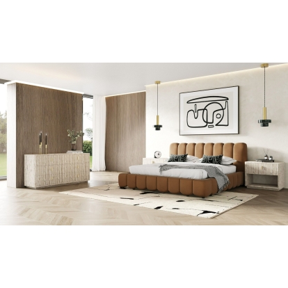 LA Furniture Eastern King Harris + Roma Modern Brown Fabric + Faux Travertine 4-Piece Bedroom Set VGKK-KF.B2032-ROMA-4PC-EK Contemporary Style by Vig Furnitrue Number 85756 Catch Home Goods