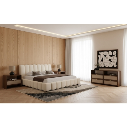 LA Furniture Eastern King Harris + Emilio Modern Off-White Fabric + Burlap + Walnut 4-Piece Bedroom Set VGKK-KF.B2032-EMILIOWHT-4PC-EK Contemporary Style by Vig Furnitrue Number 86258 Catch Home Goods