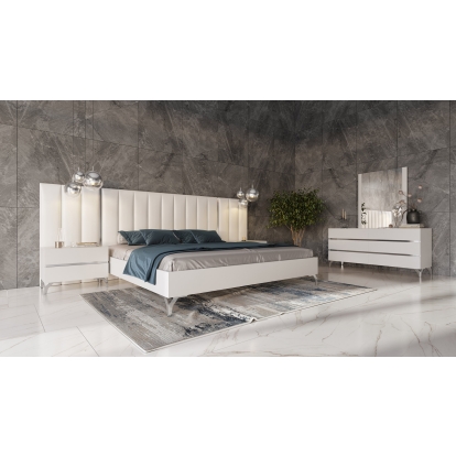 LA Furniture Angela Queen Italian Modern White Eco Leather Bed with Nightstands and Wings VGACANGELA-SET-WINGS-Q Contemporary Style by Vig Furnitrue Number 76677 Catch Home Goods