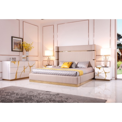 LA Furniture Sterling California King Modern Beige + Rose Gold Bed + Nightstands VGVCBD1901-BEI-BED-2NS-SET-CK Contemporary Style by Vig Furnitrue Number 79291 Catch Home Goods