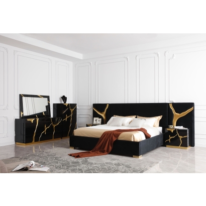 LA Furniture Aspen Eastern King Modern Black + Gold Bed + Nightstands VGVCBD1801-BLK-BED-2NS-SET-EK Contemporary Style by Vig Furnitrue Number 79276 Catch Home Goods