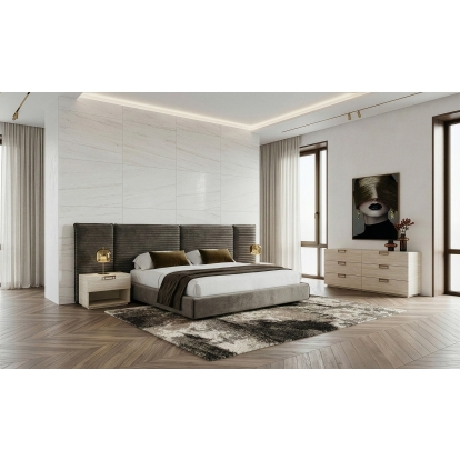 LA Furniture Eastern King Breslow + Lago Modern Dark Taupe Fabric + Faux Travertine 4-Piece Bedroom Set VGEV-25150-LAGO-4PC-EK Contemporary Style by Vig Furnitrue Number 86303 Catch Home Goods