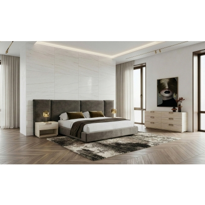 LA Furniture Breslow + Lago Modern Dark Taupe Fabric + Faux Travertine 4-Piece Bedroom Set VGEV-25150-LAGO-4PC Contemporary Style by Vig Furnitrue Number 86303 Catch Home Goods