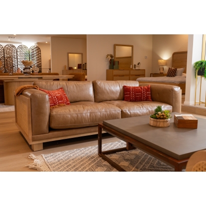 LA Furniture Danson Modern Tan Leather + Wicker Sofa VGKK-KF.8036-SOFA-SAND Contemporary Style by Vig Furnitrue Number 81389 Catch Home Goods