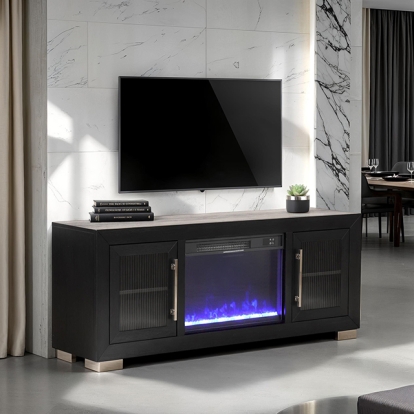 Furniture Of America Ashbourne Contemporary Black 60" Tv Stand W/ Fire Place Model FM-AC415BK-TV-60