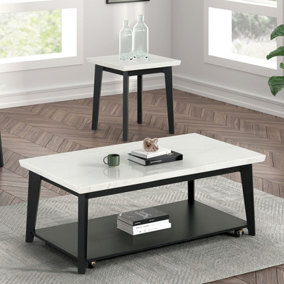 Furniture Of America Thisted Contemporary White/Black Rectangle Marble Coffee Table W/ Casters Model FM44002WH-CR
