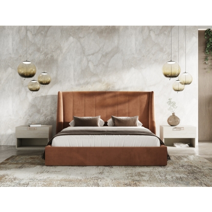 LA Furniture Roma + Lago Modern Burnt Orange Velvet + Faux Travertine Bed + Nightstands Set VGAC-ROMALAGO-3PC-SET Contemporary Style by Vig Furnitrue Number 85644|85645 Catch Home Goods