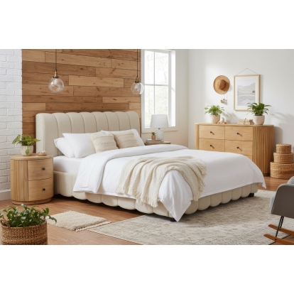 LA Furniture Eastern King Harris + Jacobson Modern Off-White Fabric + Natural Oak 4-Piece Bedroom Set VGWD-HARRIS-JACOBSON-SET-EK Contemporary Style by Vig Furnitrue Number 86166 Catch Home Goods