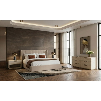 LA Furniture Kiro + Lago Modern Tan Fabric + Faux Travertine 4-Piece Bedroom Set VGMA-BR-176-LAGO-4PC Contemporary Style by Vig Furnitrue Number 86299|86300 Catch Home Goods