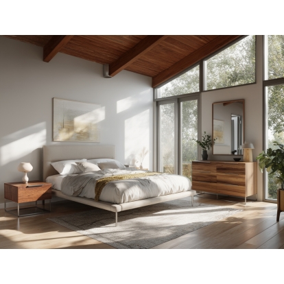 LA Furniture Bergeron + Lorenzo Contemporary Cream Fabric + Light Oak 4-Piece Bedroom Set VGOD-BERGERON-LORENZO-SET Contemporary Style by Vig Furnitrue Number 86167|86168 Catch Home Goods