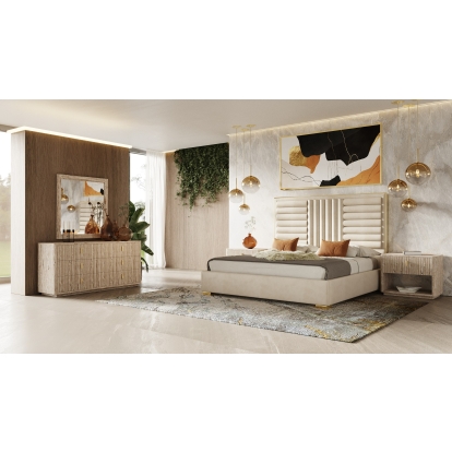 LA Furniture Eastern King Daystar + Roma Modern Beige Velvet + Travertine + Gold Bedroom Set VGAN-DAYSTAR-ROMA-BED-SET-EK Contemporary Style by Vig Furnitrue Number 80241 Catch Home Goods