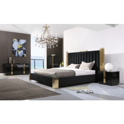 LA Furniture Token Eastern King Modern Black + Gold Bed + Nightstands VGVCBD815-BLK-BED-2NS-SET-EK Contemporary Style by Vig Furnitrue Number 79285 Catch Home Goods