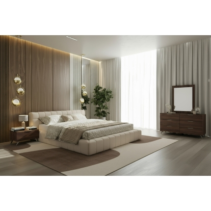 LA Furniture Tyree + Brooklyn Modern Off-White Fabric + Walnut 4-Piece Bedroom Set VGOD-TYREE-BROOKLYN-SET Contemporary Style by Vig Furnitrue Number 86016|86017 Catch Home Goods