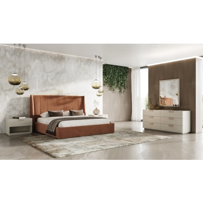 LA Furniture Eastern King Roma + Lago Modern Burnt Orange Microfiber + Faux Travertine 4-Piece Bedroom Set VGAC-ROMALAGO-4PC-SET-EK Contemporary Style by Vig Furnitrue Number 85643 Catch Home Goods