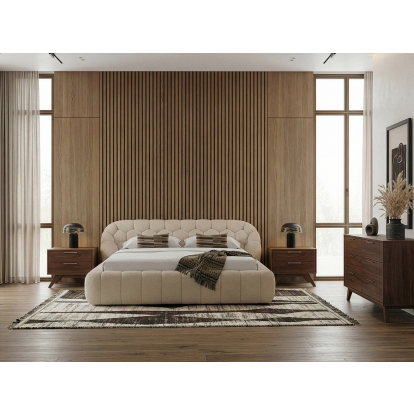 LA Furniture Yolonda + Soria Modern Beige Fabric + Walnut 4-Piece Bedroom Set VGEV-A127-SORIA-4PC Contemporary Style by Vig Furnitrue Number 86308|86309 Catch Home Goods
