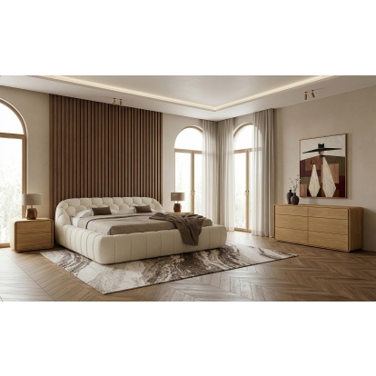 LA Furniture Queen Yolonda + Dustin Modern Off-White Fabric + Natural Oak 4-Piece Bedroom Set VGEV-A127-DUSTIN-4PC-Q Contemporary Style by Vig Furnitrue Number 86310 Catch Home Goods